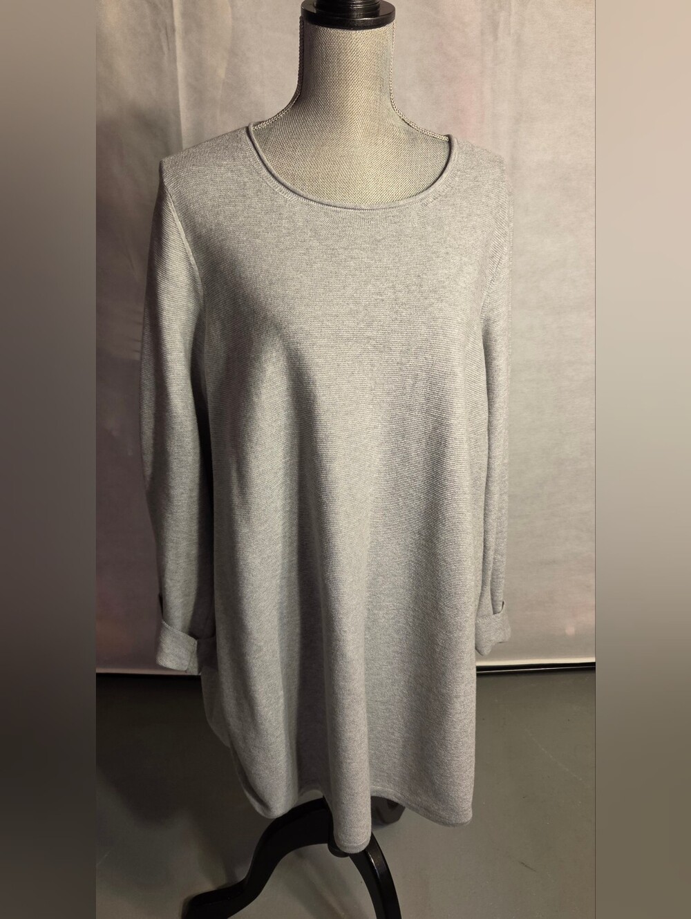 NWT Eileen Fisher Organic Cotton Round Neck Knit Tunic Top Sweater Grey XL $238